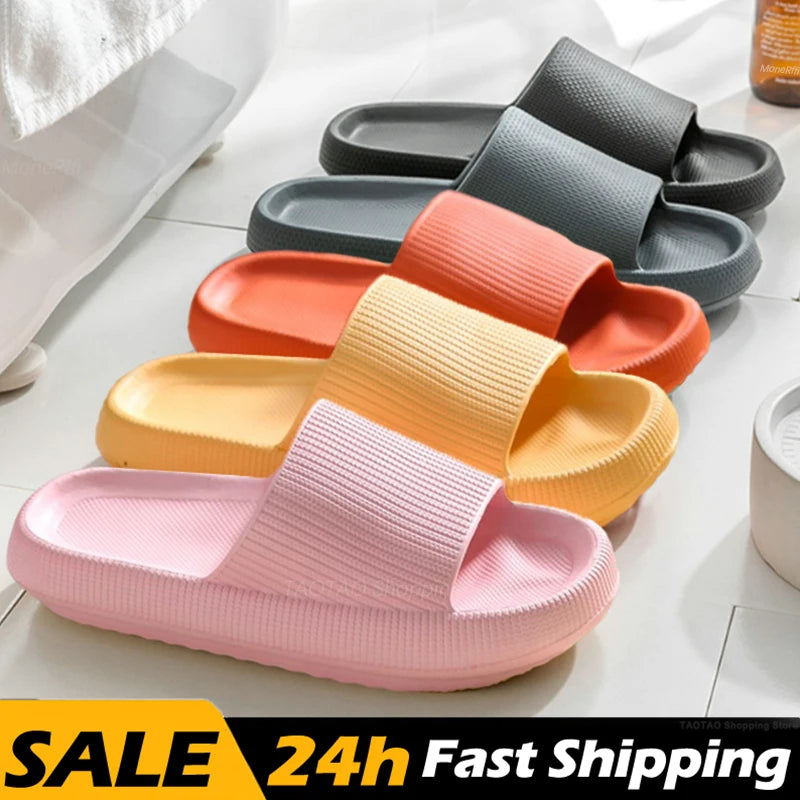 Women Bathroom Slippers Cloud Cushion Slides Summer Flat Sandals Thick Platform Shoes Man Indoor Non-Slip Flip Flops Couple Shoe