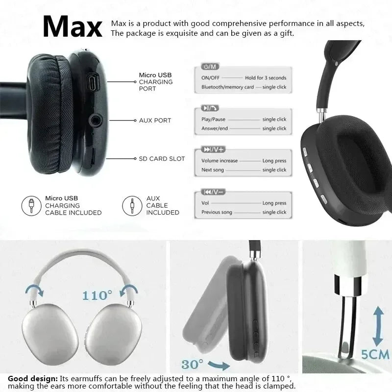 P9 Pro Max New Noise Canceling Wireless Bluetooth Headset Microphone Over-Ear Sports Gaming Headset with TF Card Slot